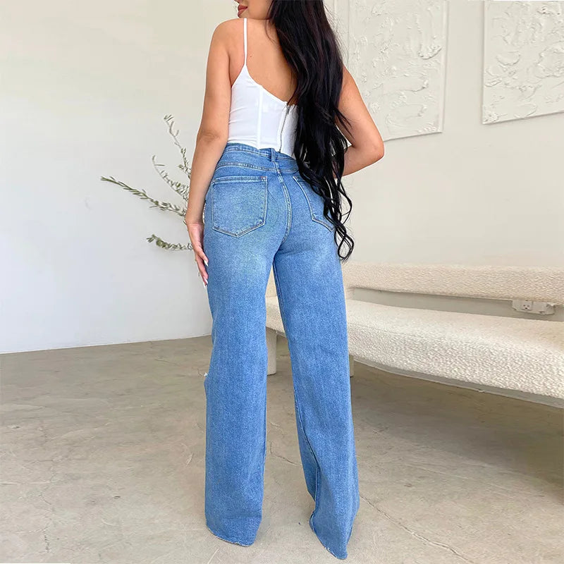 Women Jeans Wide Leg Pants Denim High Waist Zipper Fly Washing Holes Pockets High Street Ankle Length Flash Spring 2024