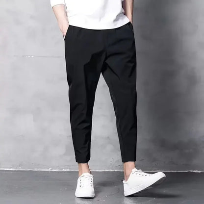 Summer Casual Men's Straight-leg Cropped Pants Ice Silk Elastic Small Foot Trendy Sports Korean Style Youth Pants