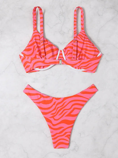 2024 Push Up Striped Print Two Piece Bikini Women Swimwear Female Swimsuit Bathers Bathing Swimming Suit Beachwear Summer