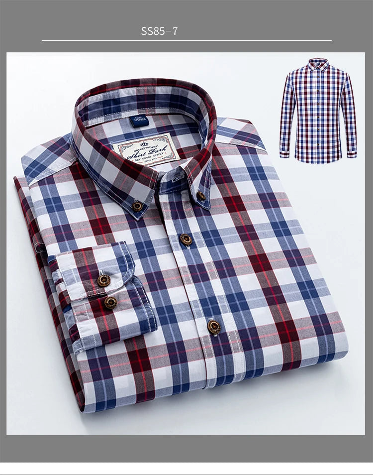 Men's Plaid Checkered Long Sleeve Shirts Contrast Color No Pocket Comfortable 100% Cotton Casual Standard Fit Button Down Shirt