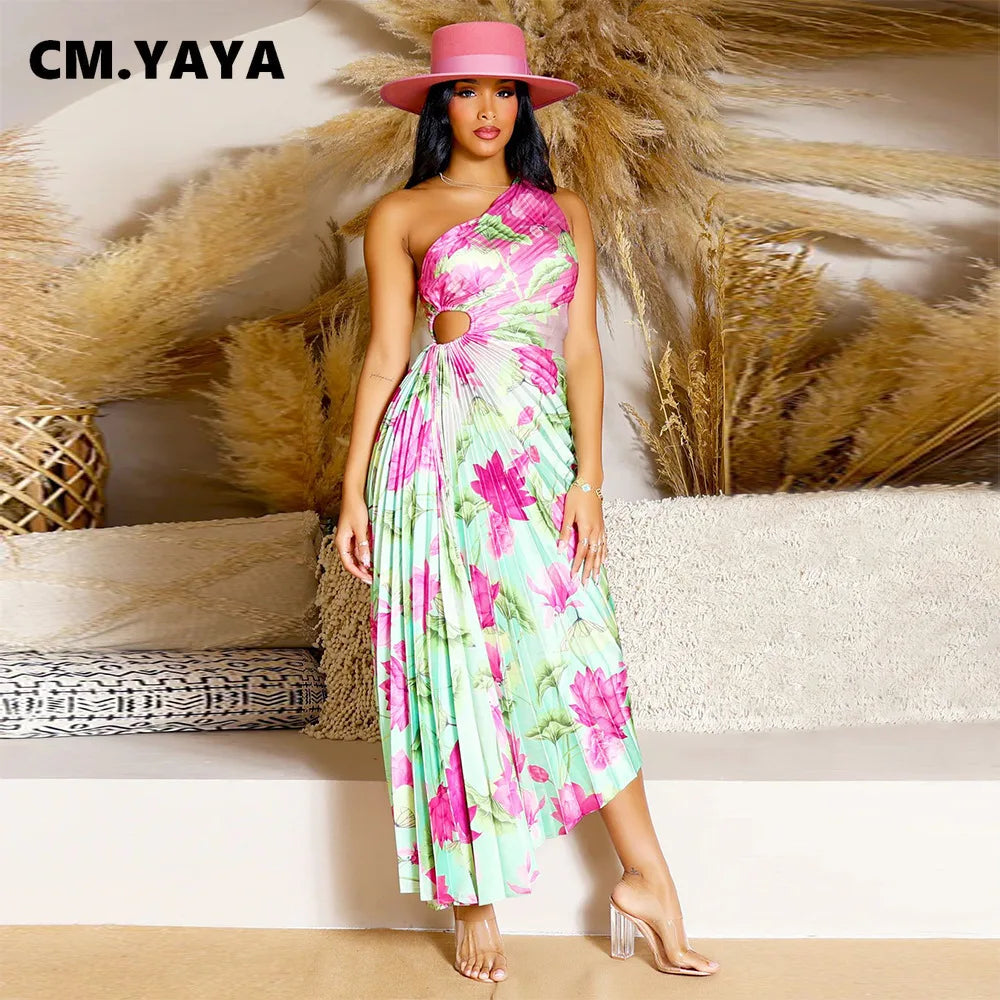 CM.YAYA Women Sleeveless Irregular Print Long Pleated Dress Summer Streetwear Beach Evening Sexy Night Party Dresses Vestidos