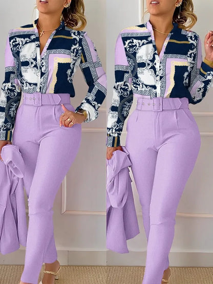 Elegant Women Two Piece Set Suits Fall New Fashion Print Long Sleeve Top Solid Color Pants Set With Belt  Blouses Female Clothes