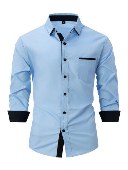 Men's Slim-Fit Casual Shirt Trendy Solid Color Long Sleeve Business Lapel Cotton Shirt with Pocket for Spring Autumn