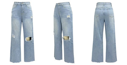 Women Jeans Wide Leg Pants Denim High Waist Zipper Fly Washing Holes Pockets High Street Ankle Length Flash Spring 2024