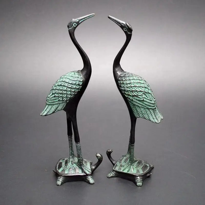 A Pair Of Hand Carved Collection Red-Crowned Crane & Tortoise Bronze Statue