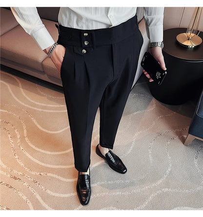 British Style Pants Men High Waist Belt Design Casual Slim Formal Office Dress Pant Men Social Wedding Party Dress Suit Trousers