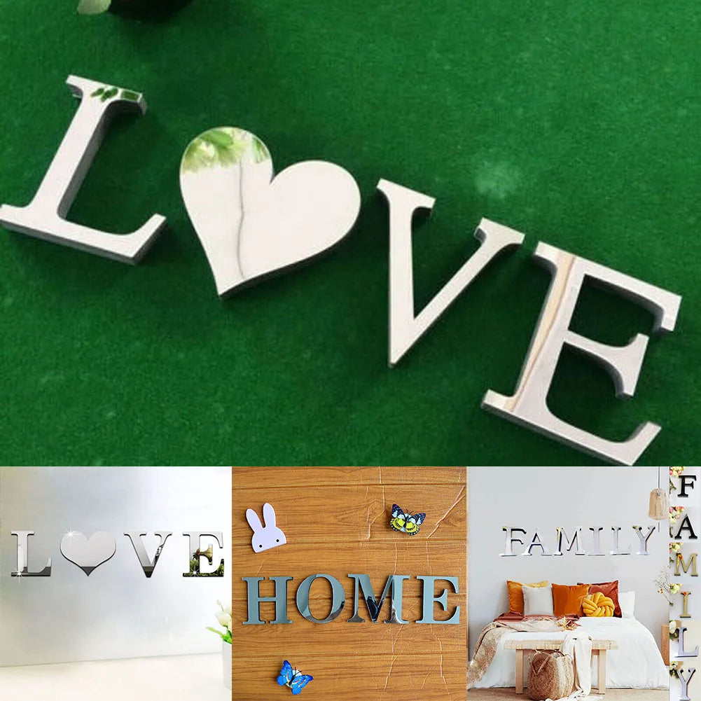 4pcs Letters Wall Stickers English Acrylic Mirrors Stickers Home Love Family Mosaic Tiles Wall Stickers For Wall Diy Home Decor