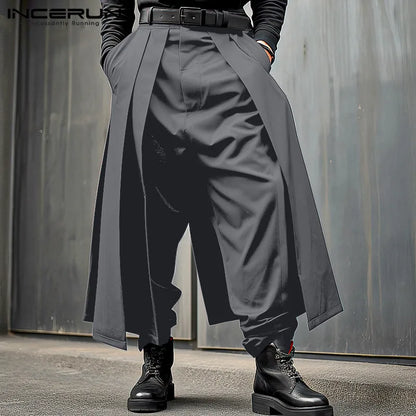 INCERUN 2024 Korean Style New Men's Trousers Pleated Layered Design Pantalons Casual Fashionable Loose Wide Leg Long Pants S-5XL