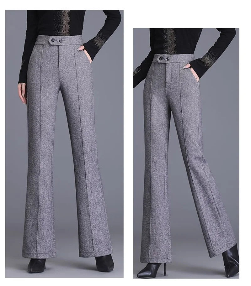 2024 Autumn Winter Women's Woolen Pants New Fashion High Waist Elastic Micro Flare Pants Slim Female Casual Wool Trousers 4XL