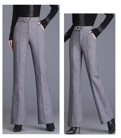 2024 Autumn Winter Women's Woolen Pants New Fashion High Waist Elastic Micro Flare Pants Slim Female Casual Wool Trousers 4XL