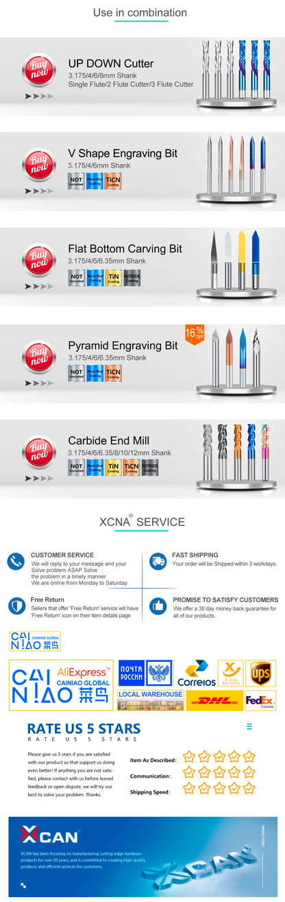 XCAN Milling Cutter 10pcs 1mm Diameter 2 Flute Carbide End Mills 3.175 Shank CNC Spiral Router Bit for Wood MDF PVC Plastic