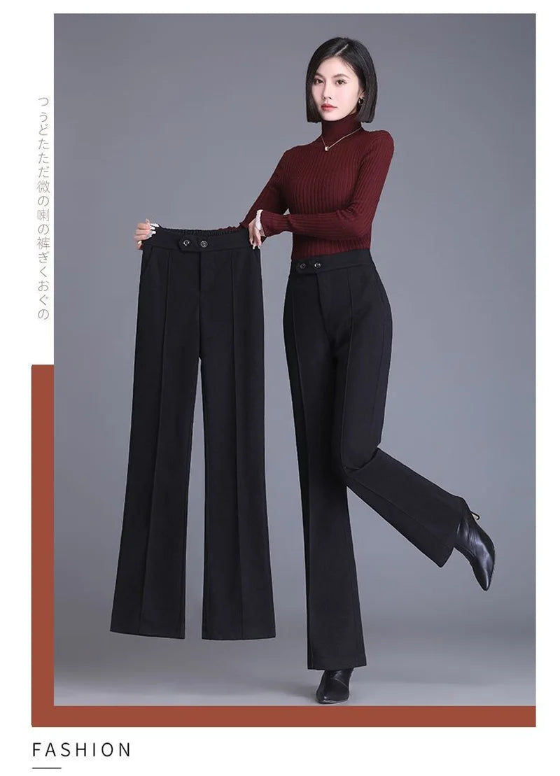 2024 Autumn Winter Women's Woolen Pants New Fashion High Waist Elastic Micro Flare Pants Slim Female Casual Wool Trousers 4XL