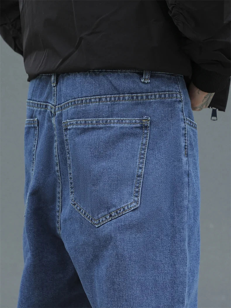 New Men's Cotton Baggy Y2K Jeans Fashion Male Clothes Elastic Waist Washed Wide Leg Pants Solid Straight Loose Denim Trousers