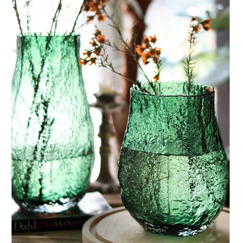 Glass Vase Pleated Roads Green Transparent Hydroponics Flower Vase Flower Arrangement Accessories Terrarium Home Decoration