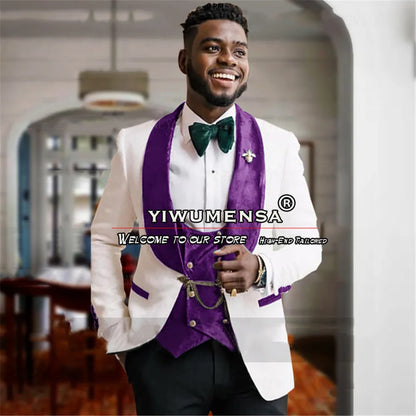 Latest Men Suits White Jacquard Black Velvet Lapel Blazer Sets Formal Wedding Groomsman Tuxedo Tailor-Made Man Marriage Clothing