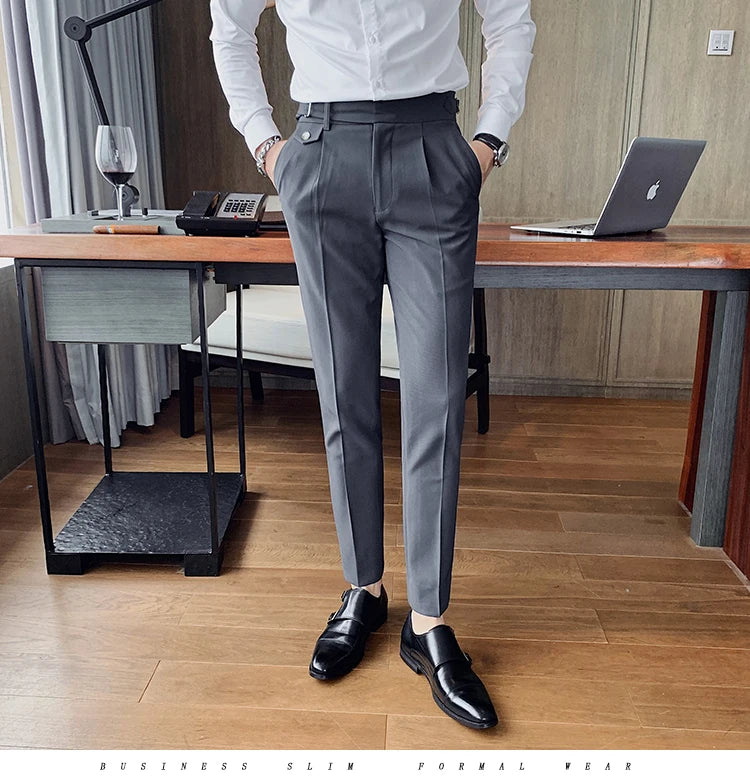 British Style New Solid High Waist Suit Pant Men Business Formal Wear Trousers 2024 High Quality Slim Casual Office Suit Pants