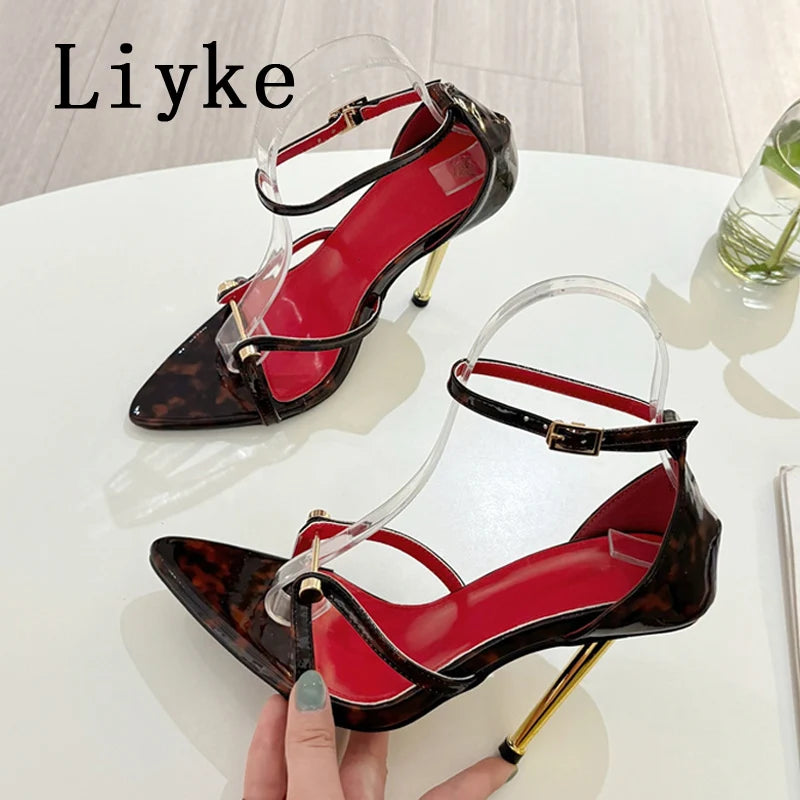 Liyke Fashion Design Metal Decoration Narrow Band Women Sandal High Heels Sexy Pointed Open Toe Wedding Banquet Shoes Size 35-41