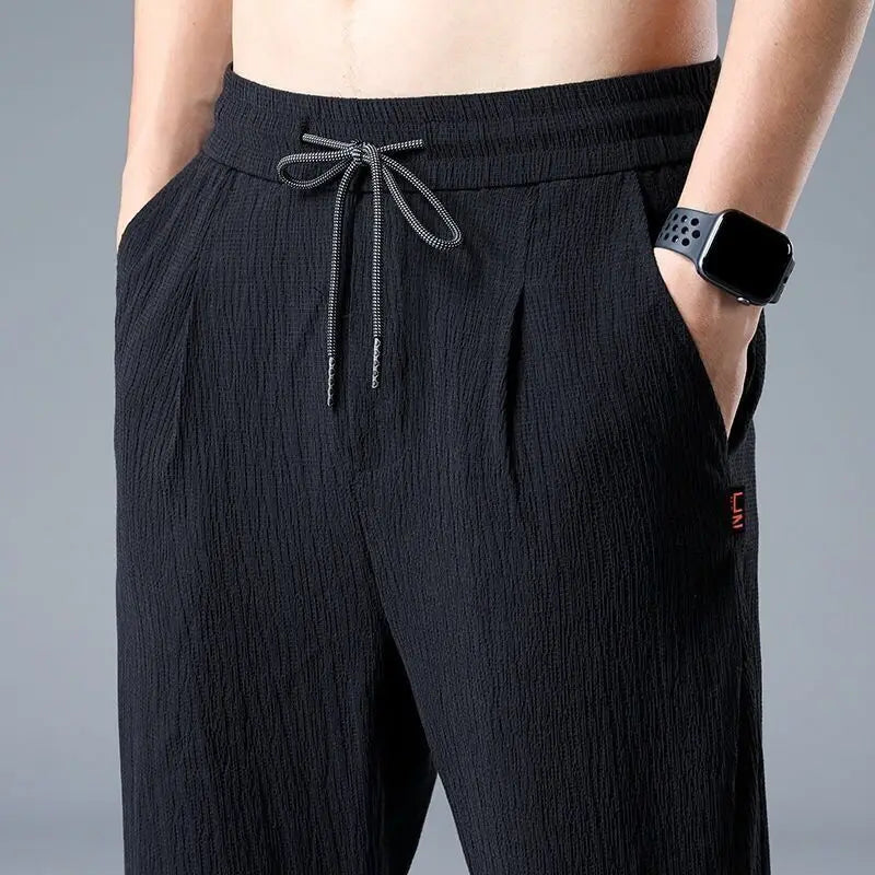 Spring Summer Men Cotton Hemp Ice Silk Pants Streetwear Fashion Male Basic Elastic Waist Loose Sports Straight Casual Trousers