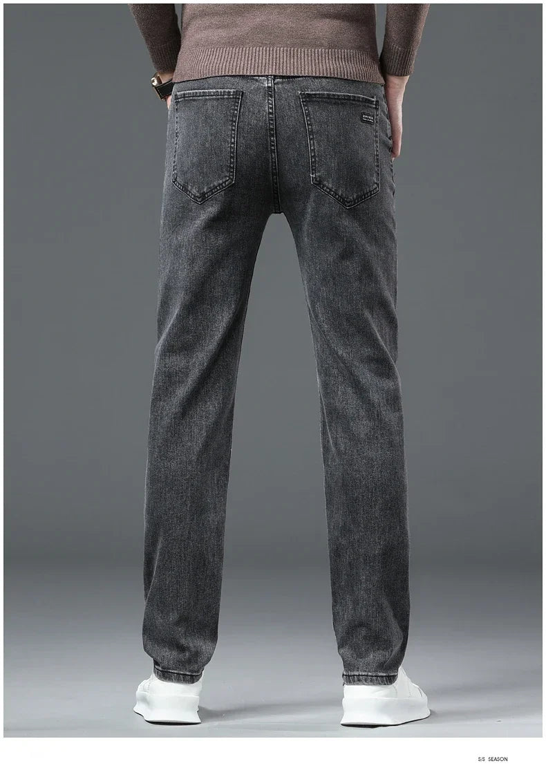 New Men's Stretch Grey Jeans Classic Slim Business Fashion Black Elasticity Denim Pants Male Brand Casual Trousers