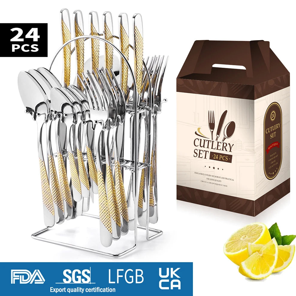 Russian stainless steel tableware set, Crown knife, fork, spoon, gift box packaging for kitchen 24-piece set, Boutique tableware