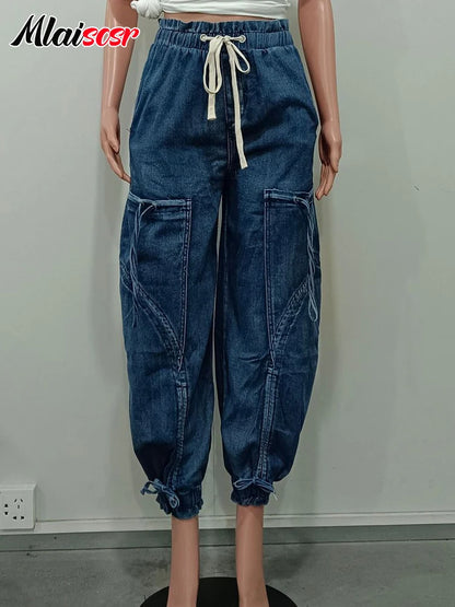 Mlaiscsr Fashion Women Lantern Harem Jeans Drawstring Bandage Loose Blue Straight Wide Leg Denim Pants Streetwear Trousers y2k