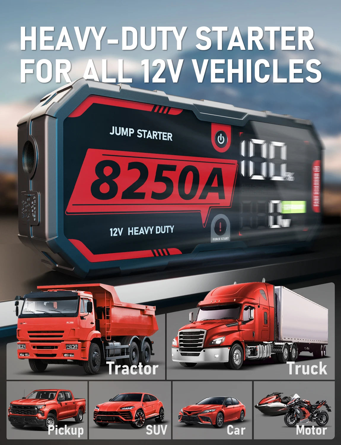 Démarreur de saut de batterie de voiture 8250A 12V Pro, Booster Portable PD65w 26000mAh, 13l, pour dispositif de démarrage d'urgence