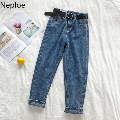 Neploe BF Korean High Waist Jeans Women Solid Belt Harem Pants Loose Casual New High Street Denim Trousers Pantalon Femme 90231