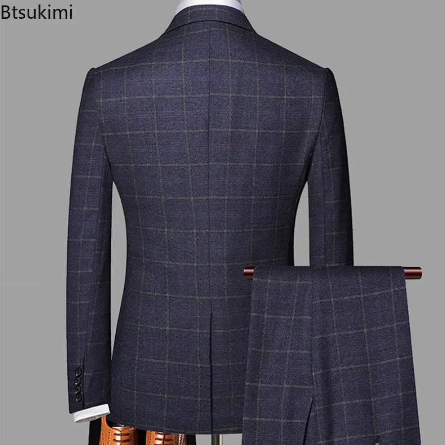 2025 New Men's Three-pieces Fashion Plaid Slim Business Party Formal Elegant Blazer Sets (Jacket+Pants+Vest) Prom Wedding Groom