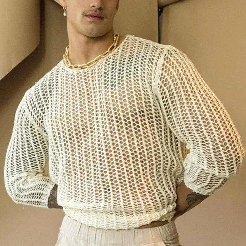 New Long-sleeved Sexy T-shirt Bottoming Shirt Fashion Woven Solid Color Knit Slim Mesh Tops Men Oversized T Shirt