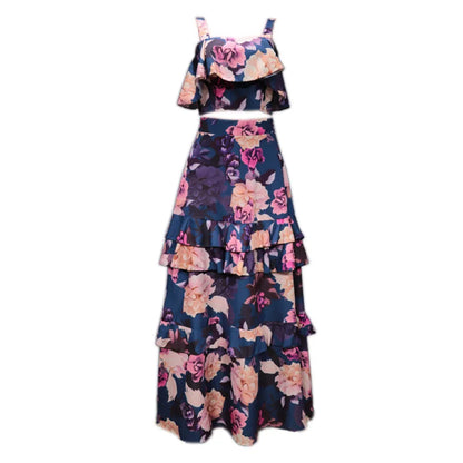 BAMBOOBOY 2 Piece Set Women Stylish Floral Elegant Printed Sleeveless Short Top+Loose High Waist Pleated Long Skirt Sets