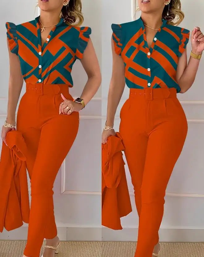 Womens Two Piece Sets Outfit Geometric Print Flutter Sleeve Top & Pants Set with Belt New Fashion 2023 Summer Casua Suit