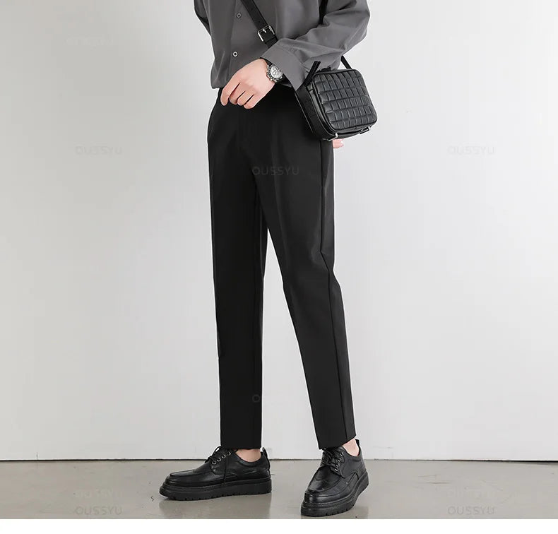 Spring Summer Suit Pants Men Slim Work Elastic Waist Soft Formal Trousers Male Korea Thick Black Brand Clothing Plus Size 40 42