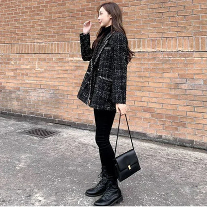 New Vintage Plaid Tweed Blazers Autumn Winter Thicken Fashion Jackets Female Double Breasted Elegant Black Coats Outwear D92