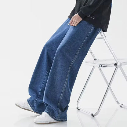 2023 New Korean Men's Casual Long Jeans Classic Man Straight Denim Wide-leg Pants Solid Color Light Blue Grey Black 3XL