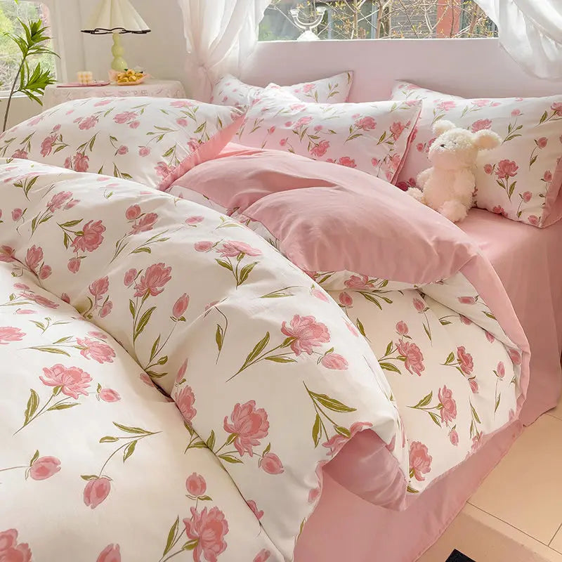 Fresh Botanical Floral Bedding Set Washed Cotton Bed Linens Single Twin Full Size Quilt Cover Sheet Set for Girls Home Textiles