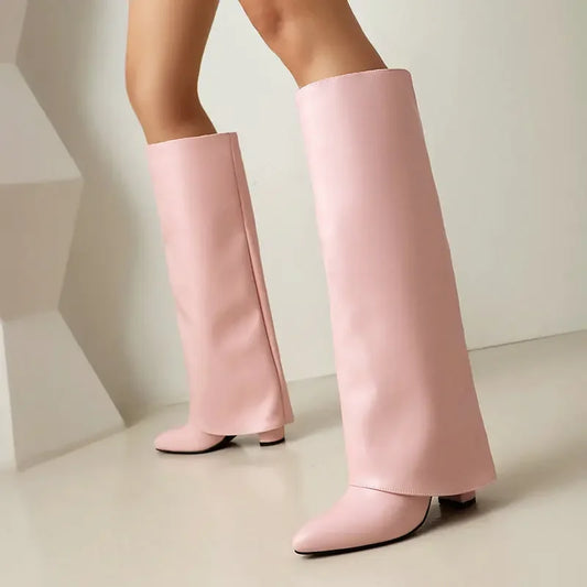 2025 Brand New Luxury Knee High Women's Fold Boots PU Leather Pointed Toe Long Boot Thick Soled Designer High-heeled Shoes