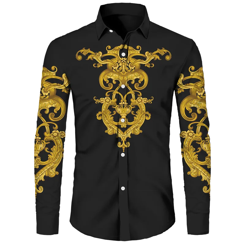 Golden Flower Pattern Print Men's Shirts Casual Single-Breasted Cardigan Long Sleeve Shirt Fashion Trend Tops Men Clothing