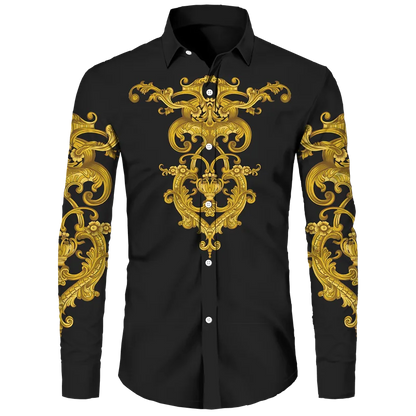 Golden Flower Pattern Print Men's Shirts Casual Single-Breasted Cardigan Long Sleeve Shirt Fashion Trend Tops Men Clothing