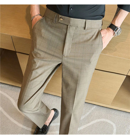 Men Plaid Suit Pants 2024 Autumn Item Solid Casual Dress Pants Elastic Slim Fit Formal Trousers Men Clothing pantalones hombre