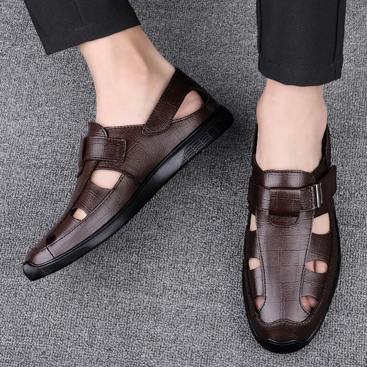 New Genuine Leather Men Black/brown Sandals Dress Shoes Summer Beach Shoes Business  Breathable Hollow Out Flat Casual Sandals