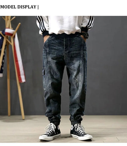 Street Fashion Men Jeans Retro Blue Printed Designer Big Pocket Casual Cargo Pants Hombre Hip Hop Joggers Men Loose Ripped Jeans