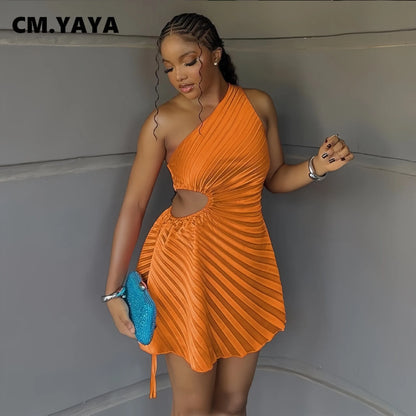 CM.YAYA Women Pleated One Shouloder Sleeveless Cutout Waist Dress 2025 Evening Sexy Club Party Evening High Street Dresses