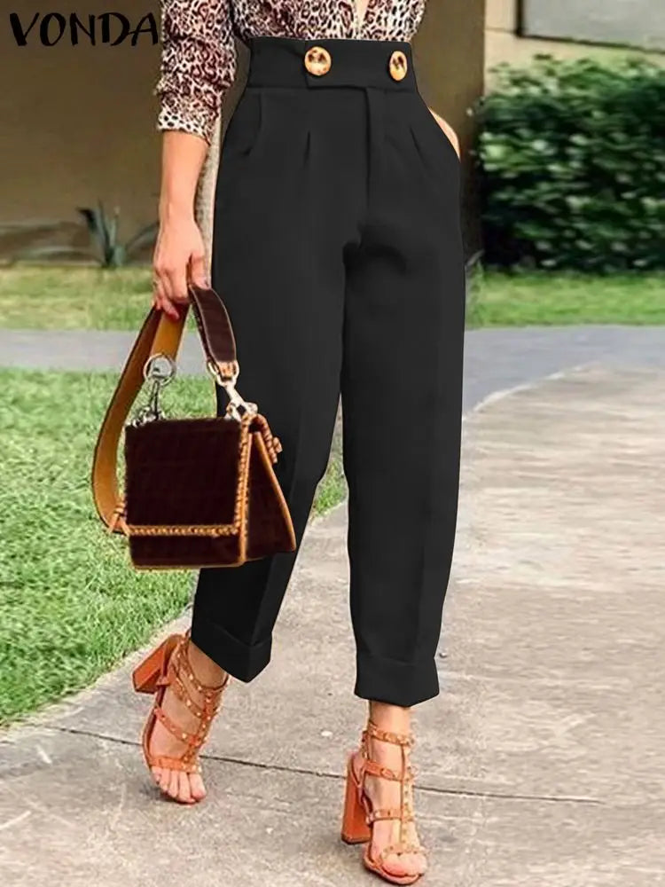 VONDA Elegant Pants Women High Waist Long Trousers 2024 Autumn Office Buttons Solid Color Pleated Casual Loose Trousers Oversize