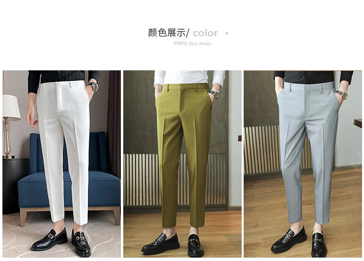 9 Color Summer Fashion Mens Suit Pants Pure Color Business Formal Pants Slim Fit Office Mens Wedding Social Ankle Long Trousers