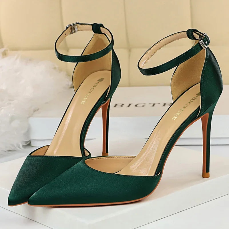 Summer Women 10cm High Heels Sandals Lady Wedding Bridal Scarpins Silk Heels Fetish Pumps Blue Green Pink Strappy Fashion Shoes