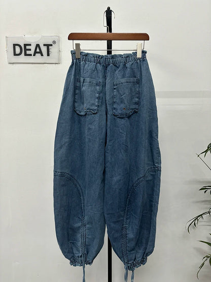 DEAT Women's High Elastic Waist Jeans Drawstring Bandage Design 2024 Autumn Fashion Loose Straight Wide Leg Denim Pants 11A0731