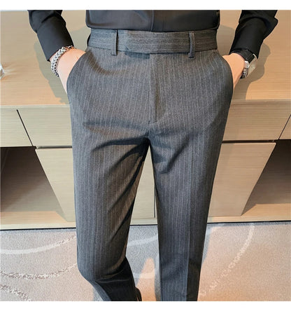 British Style Striped Slim Fit Suit Pant Men Business Casual Simple Dress Pants High Quality Social Wedding Party Trousers 38-28