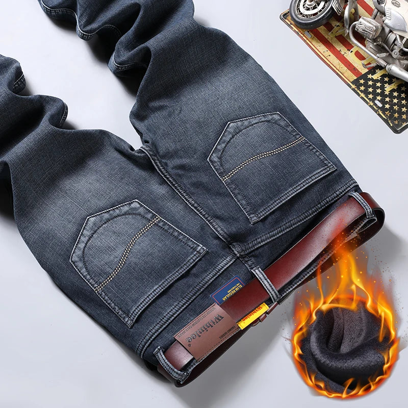 WTHINLEE Winter Thermal Warm  Fleece Thick Warm Men's Jeans Winter Stretch Straight Denim Plush Pants Classic Casual Trousers