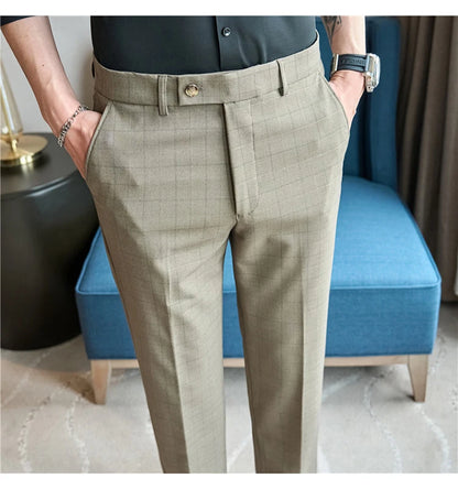 Men Plaid Suit Pants 2024 Autumn Item Solid Casual Dress Pants Elastic Slim Fit Formal Trousers Men Clothing pantalones hombre