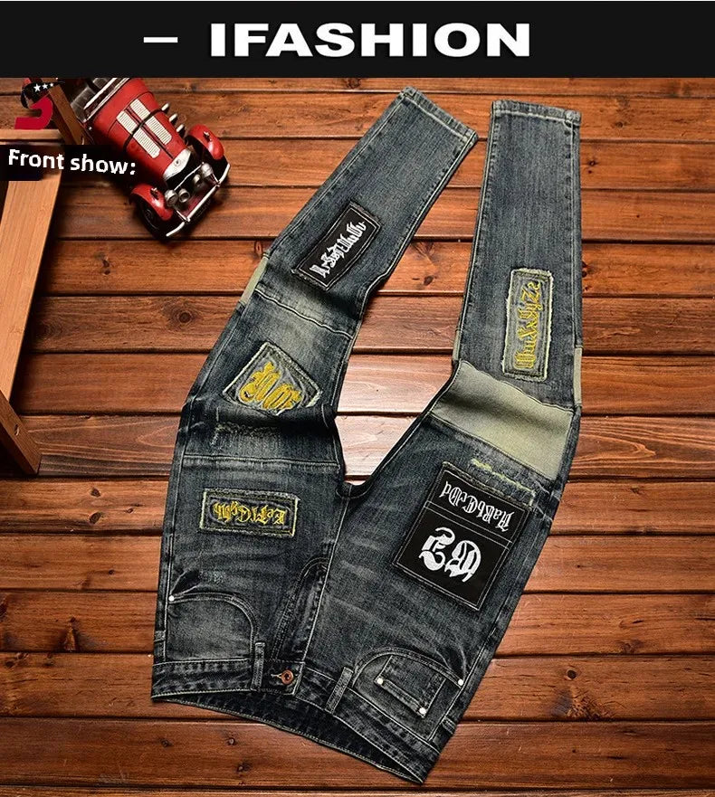 High-End Jeans Men's Autumn/Winter Trendy Ripped-Patchy Embroidery Slim Fit Stretchy Long Pants Casual Style Other Scene